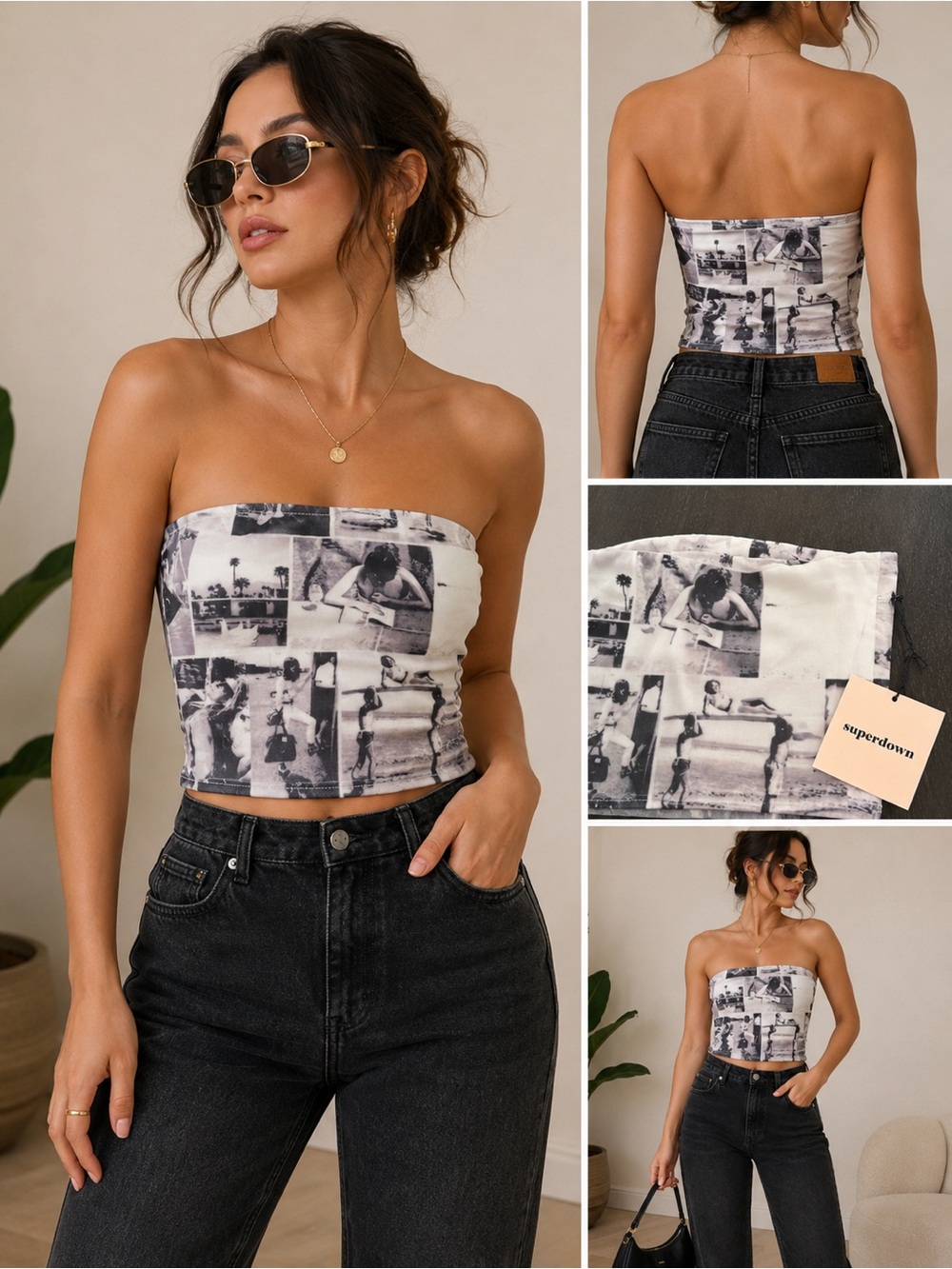 Superdown Newspaper Print Strapless Crop Top Sz XS